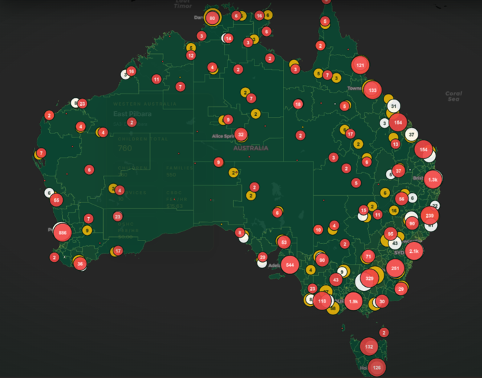 Map of Australia showing Wattle Planning coverage and service counts